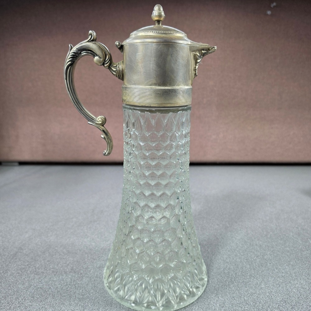 Honeycomb Italian Glass Pitcher Silver‎ plate Ornate Handle